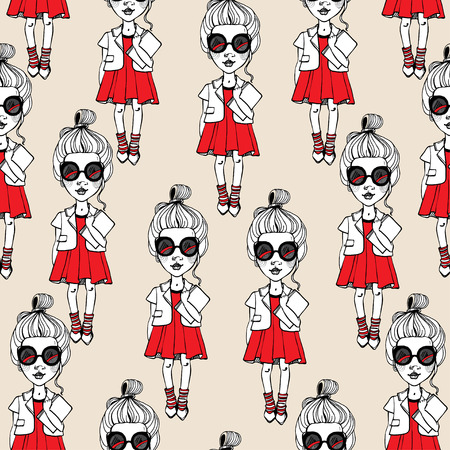 Cute fashion girls pattern on beige backgroundのイラスト素材