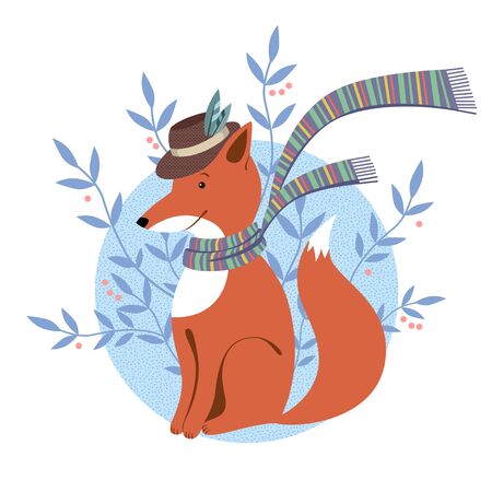 Funny foxy with scarf on white backgroundのイラスト素材
