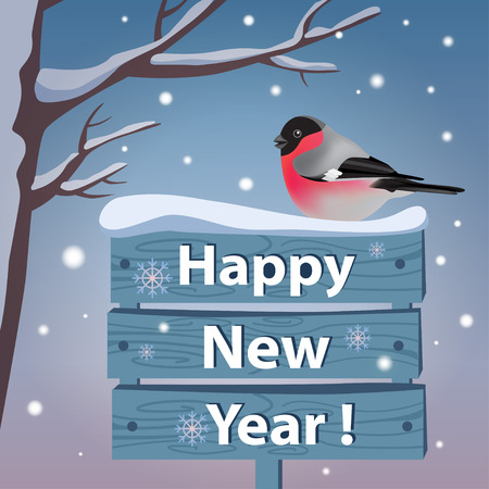 New year card with bullfinch - vector illustration.のイラスト素材