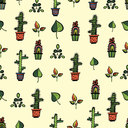 Cactuses pattern with leaves on yellow backgroundのイラスト素材