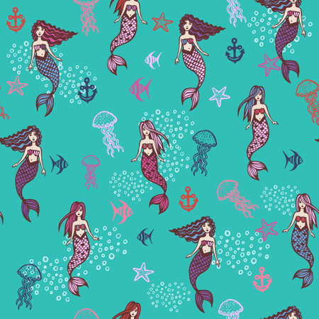Little cute mermaids pattern on blue backgroundのイラスト素材
