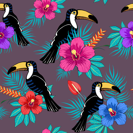Tropical flowers and toucan pattern on brown backgroundのイラスト素材