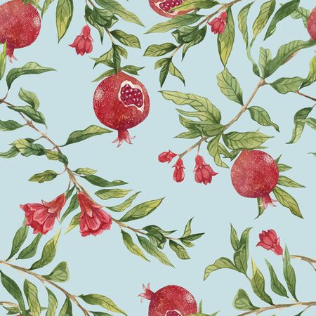 Blue watercolor pomegranate fruit and flowers.の写真素材