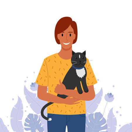 A woman holding a cat in her arms.のイラスト素材