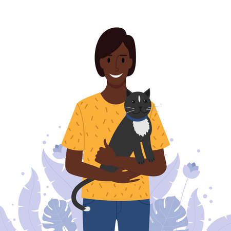 Illustration of a Woman Happily Hugging a Cat. Vector.のイラスト素材