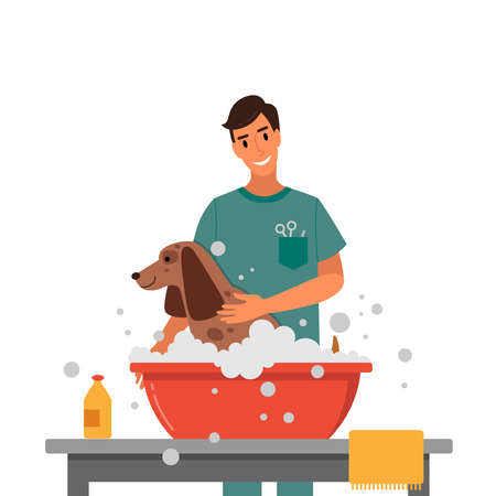 Dog washing in salon isolated.のイラスト素材