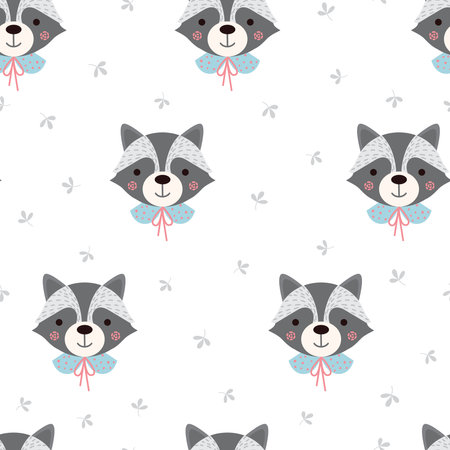 Cute raccoon with forest plants seamless pattern.のイラスト素材