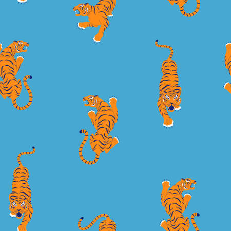Tigers seamless pattern on blue background.のイラスト素材