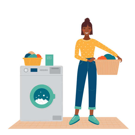 Woman stands near the washing machine.のイラスト素材
