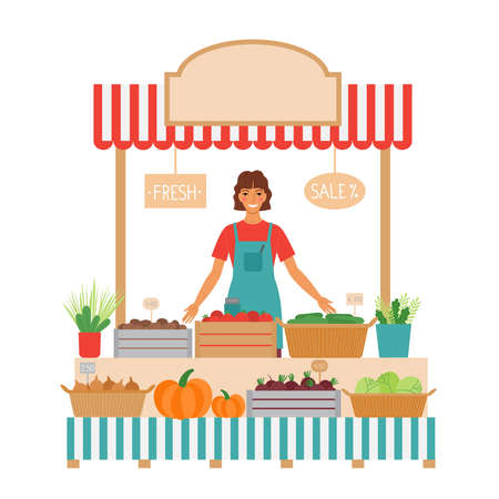 The seller stands behind a vegetable counter.のイラスト素材