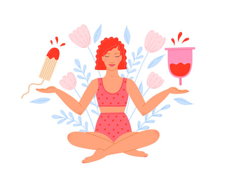 Woman choosing between menstrual cup and tampon.のイラスト素材