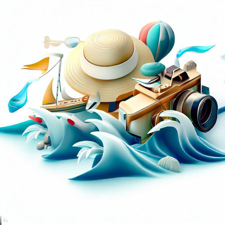 3d illustration of summer holiday background with hat, camera and sea wavesの素材