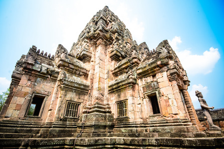 Phanomrung is the name of ancient sand stone castle at Buriram province in Thailand with blue sky on sunshine dayの写真素材