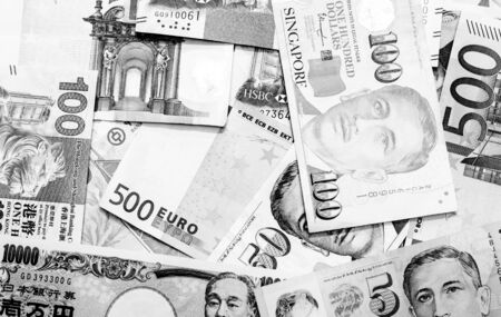 Background of many currency,money profit from business with many country on black and white color