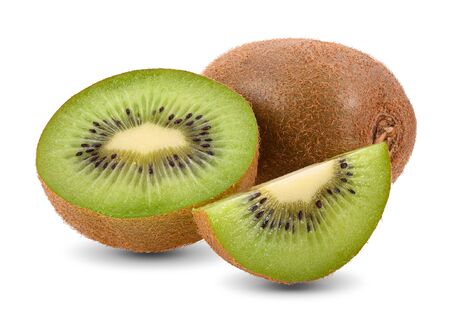 Fresh kiwi cut in half, isolated on a white background.の写真素材