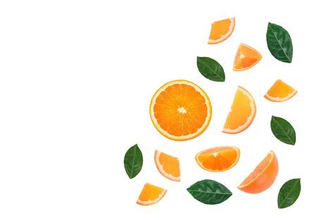 Set of fresh orange whole and cut orange and slices and leaf isolate on white background. From top viewの写真素材