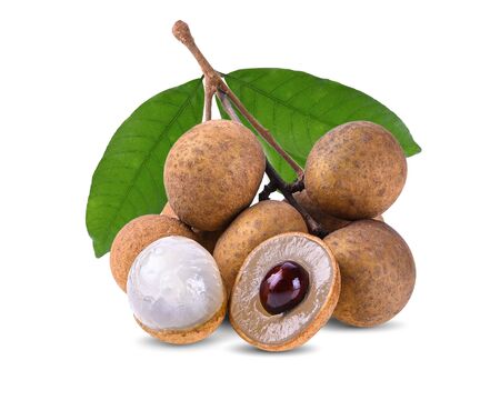 Fresh longan with longan leaves Isolated on white backgroundの写真素材