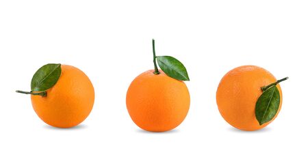 Orange fruit with orange leaves isolate on white backgroundの写真素材