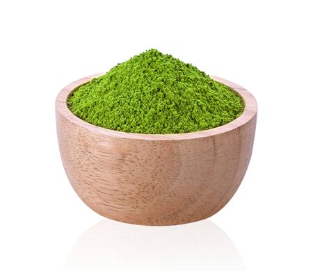 Matcha Green Tea in a wooden cup Isolated on a white background.の写真素材