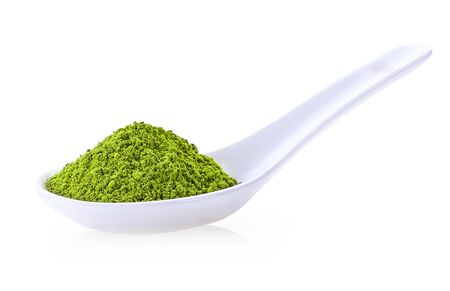 Matcha Green Tea in Ceramic spoon Isolated on a white background.の写真素材