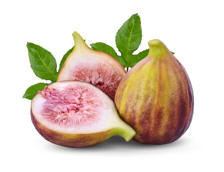Fresh fig fruit and slices with leaf isolated on white background.の写真素材