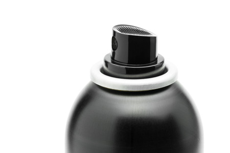 close-up black spray head of hair spray can isolated on white backgroundの写真素材