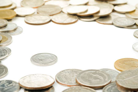 Thailand one baht coins, Thai lead coins was surrounded by thai baht coinsの写真素材