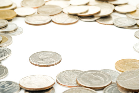 Thailand five baht coins, Thai lead coins was surrounded by thai baht coinsの写真素材