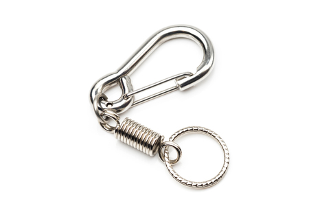 silver carabiner keychain or keyring on white backgroundの写真素材