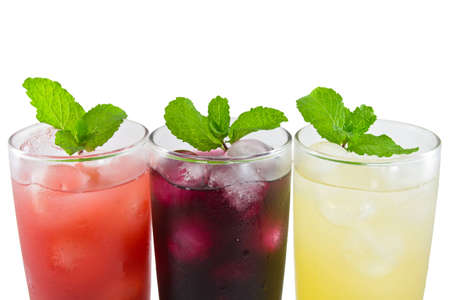 Three glass of apple,grape and strawberry juiceの写真素材