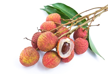 Fresh lychees isolated on whiteの写真素材