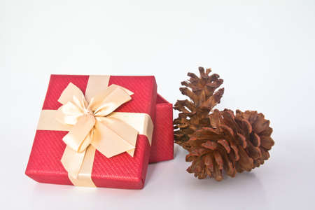 Christmas gift box and pine cones over white backgroundの写真素材