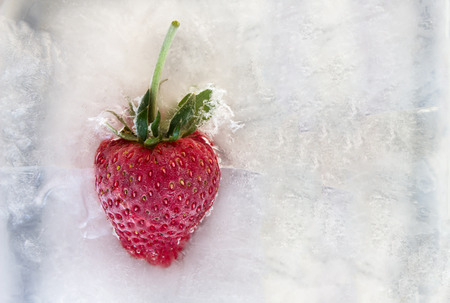 Ripe strawberry frozen in iceの写真素材