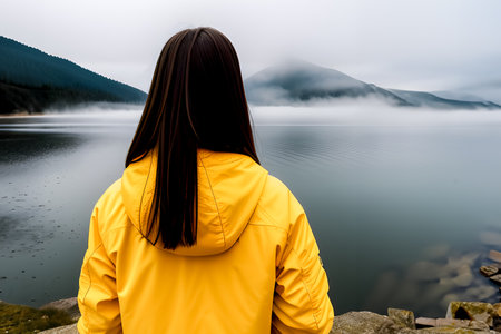 Girl in yellow jacket looking to wonderful view of the lake, fog and moutain landscape.の素材