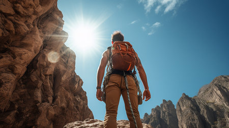 Hike in the mountains. Hiker with a backpack on his back.の素材