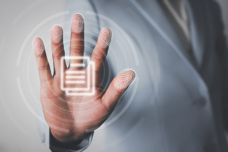 Fingerprint scan icon on virtual screen while finger scanning for security access with biometrics identification to access big data, privacy data protection technology for business.の写真素材