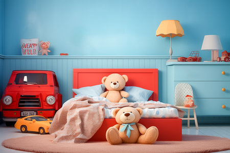 Interior of kid bedroom with cute bear doll and toys, colorful furniture, generative AI.の素材
