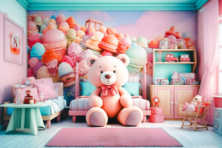 Interior of kid bedroom with cute bear doll and toys, colorful furniture, generative AI.の素材