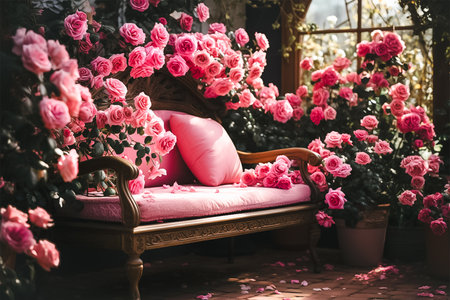 Luxury interior design room, wooden bench , pink roses surrounding, sunlight shining, generative AI.の素材