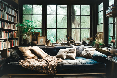 Cozy dramatic interior design room, bed sofa and pillow, surround by the books and nature, day light, generative AI.の素材