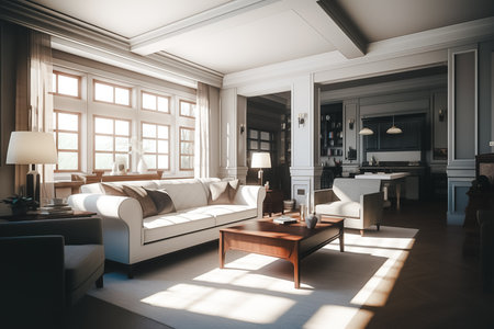 Transitional style interior room, modern living room, day time sunny light, generative AI.の素材