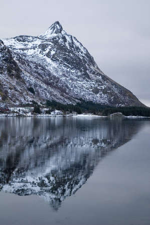 Mountain and mirror in Norway on Lofoten islandsの写真素材