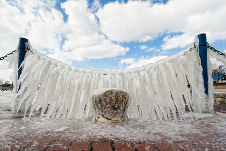 Ice on the chain on the shore of Lake Balatonの写真素材