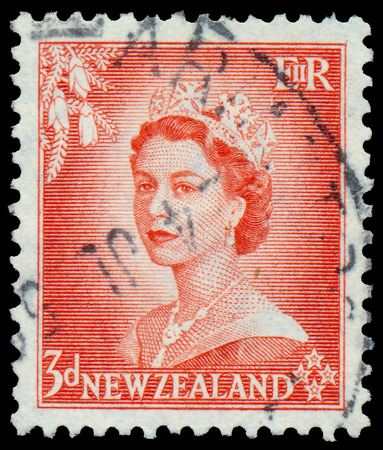 NEW ZEALAND - CIRCA 1954  A stamp printed in New Zealand shows portrait of Queen Elizabeth II, circa 1954 のeditorial素材