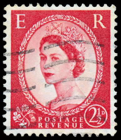 UNITED KINGDOM - CIRCA 1952  A stamp printed in Great Britain  England  shows portrait of Queen Elizabeth II, circa 1952  のeditorial素材