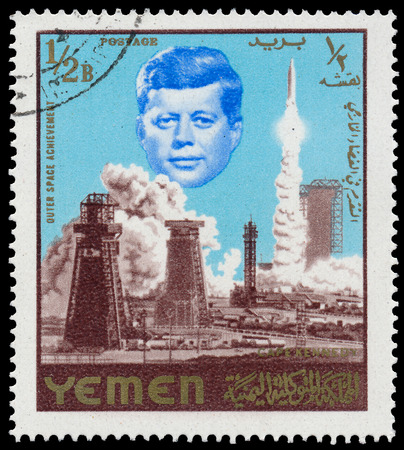 YEMEN-CIRCA 1965: Space Achievements with John Fitzgerald Kennedy on Yemen postage stamp, circa 1965 の写真素材