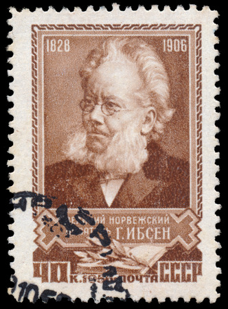 RUSSIA - CIRCA 1956: A stamp printed in USSR, shows portrait of the Henrik Ibsen (1828-1906), circa 1956のeditorial素材