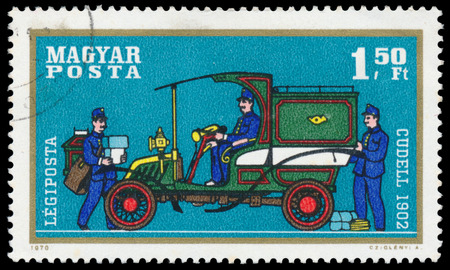 HUNGARY - CIRCA 1970: A stamp printed by Hungary, shows automobile, Cudell, circa 1970のeditorial素材