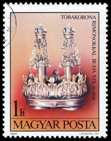 HUNGARY - CIRCA 1984: A stamp printed in Hungary shows shows Torah Crown, Buda, XIX century from the \\\"Reopening of Jewish Museum, Budapest\\\" issue, circa 1984.のeditorial素材