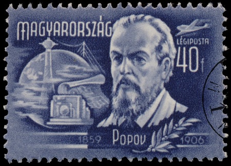 HUNGARY- CIRCA 1948: A stamp printed by Hungary, shows Inventors and Explorers, Popov (1859-1906), circa 1948のeditorial素材
